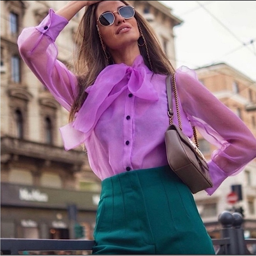 Zara Lavender Sheer Bow Tie Blouse - Picture 4 of 9